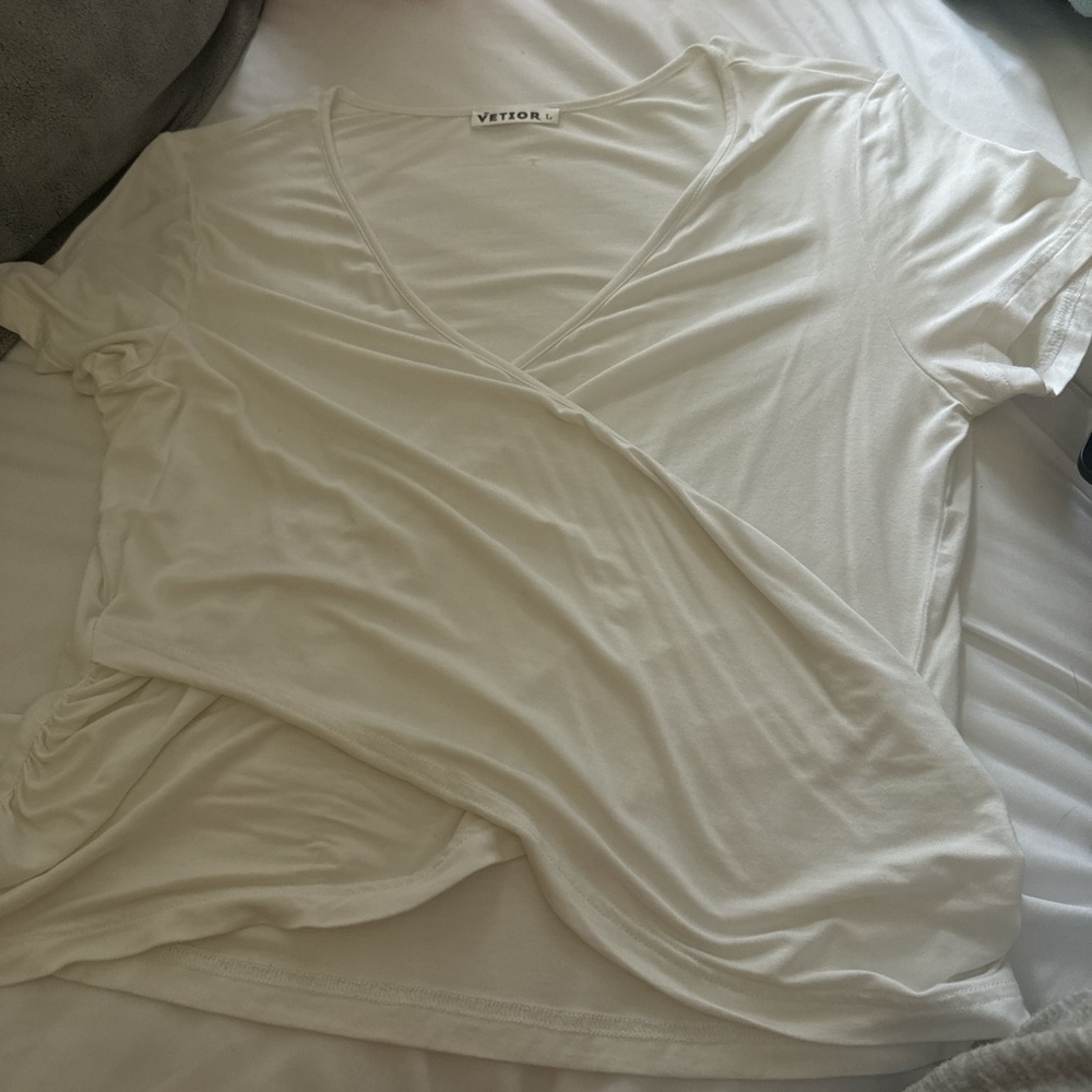 White Wrap Blouse with T-Shirt Sleeves